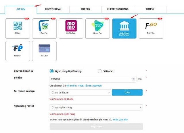 Nạp/gửi tiền Fun88 qua ngân hàng địa phương