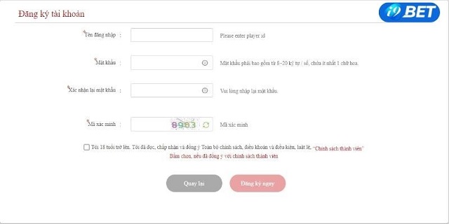 Đăng ký tài khoản i9bet qua trang web